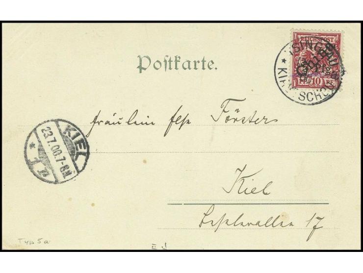 1900, 1. Tsingtau-Ausgabe, Aufdruck diagonal:  5 Pfg. auf 10 Pfg. in seltener Überdrucktype 5a (nur 1x im Halbbogen vorkommen