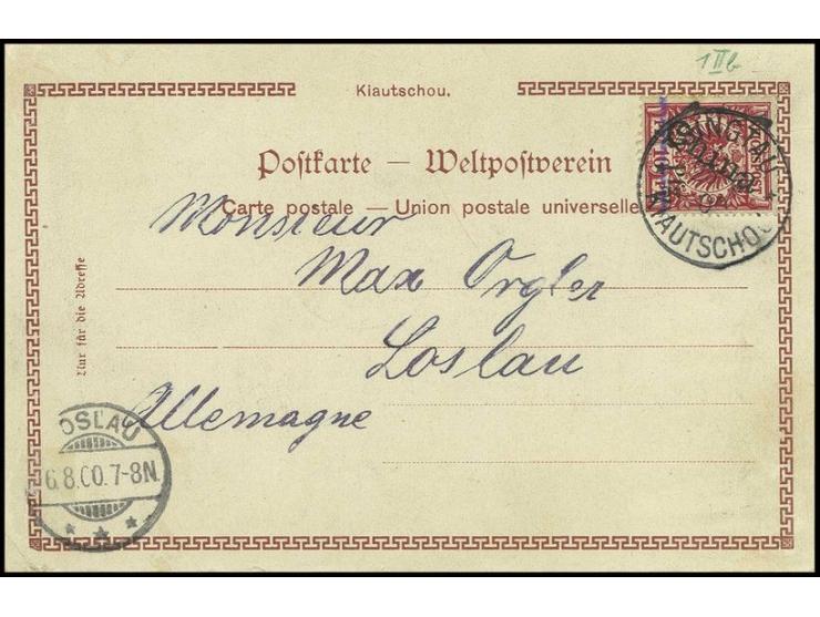 5 Pfg. auf 10 Pfg. in seltener Type 3c ( nur einmal im Bogen) und mit violettem Strich, gestempelt "TSINGTAU 25.6.00" auf Ans