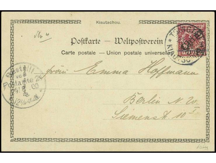 5 Pf. auf 10 Pfg. mit zusätzlichem Ergänzungsaufdruck "5 Pf." in größerer Type (Feld 91), gestempelt "TSINGTAU a 23 7 00" auf