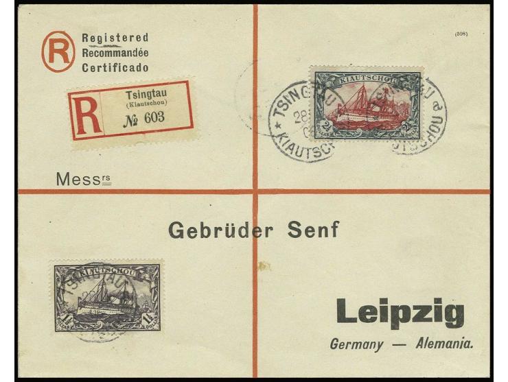 1½ $ und 2½ $ in Zähnung A, jeweils gestempelt "TSINGTAU a 28/4 06" auf R-Brief nach Leipzig mit Ankunftsstempel, die Marken 