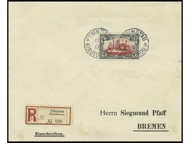 2½ $, 2fach sauber gestempelt "TSINGTAU a 13.3.08" auf R-Brief nach Bremen mit Ankunftsstempel, Pracht, doppelt sign. H. Krau