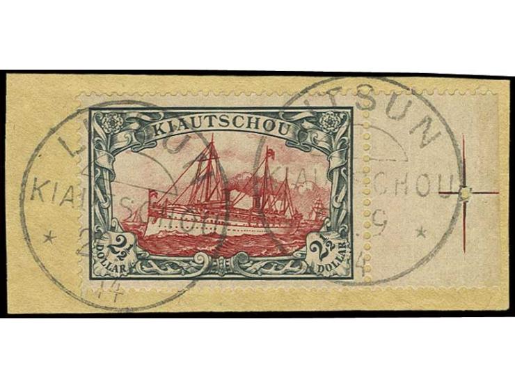 mit Wasserzeichen: 2 ½ $, rechtes Randstück mit Passerkreuz, 2fach sauber entwertet "LITSUN 20.9.14" (letzter Tag der Schalte