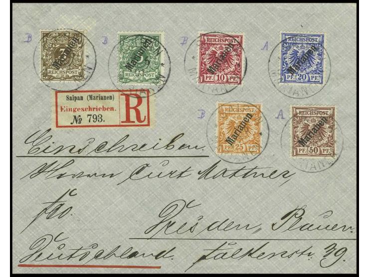 1899, Diagonalaufdruck 50 Pfg. und 20 Pfg. in Mischfrankatur mit Steilaufdruck 3-10 Pfg. und 25 Pfg., dabei 10 Pfg. in der se