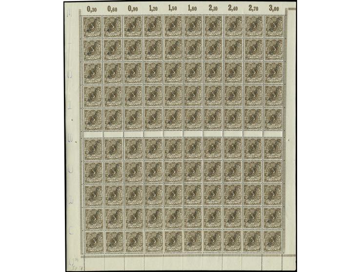 1900, Steilaufdruck 3 Pfg. im kompletten ungefalteten Bogen mit Plattenfehler I auf Feld 33 und 38, in der senkrechten Zähnun
