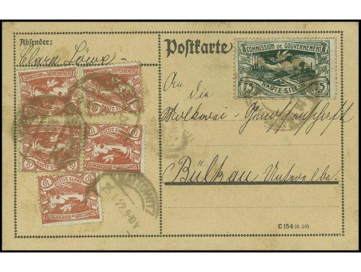75 Pfg. schwarzgrün mit 10 Pfg. orangerot (5) auf Bedarfskarte von "KATTOWITZ 25.1.22" nach Bülkau, große Oberschlesien-Selte