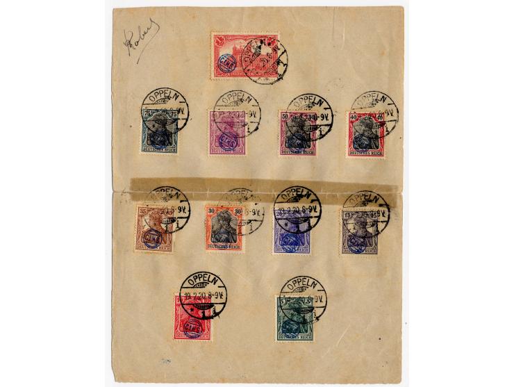 1920, Oppelner Notausgabe: 5 Pfg., 10-20 Pfg., 30-75 Pfg. und 1 M. je mit Stempel "OPPELN 19.2.20" auf  gefaltetem Blanko-Bla