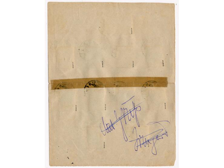 1920, Oppelner Notausgabe: 5 Pfg., 10-20 Pfg., 30-75 Pfg. und 1 M. je mit Stempel "OPPELN 19.2.20" auf  gefaltetem Blanko-Bla