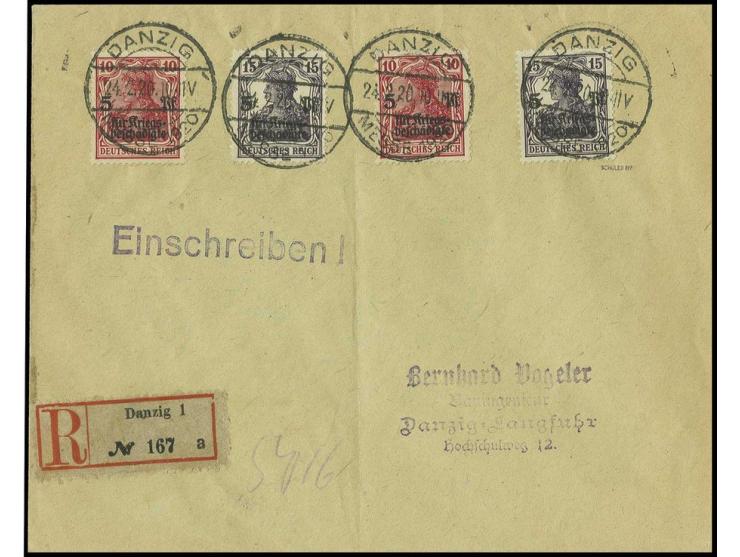 Vorläufer: Kriegsgeschädigte 10 Pfg. rot und 15 Pfg. schwarzviolett, jeweils 2 Werte mit Stempel "DANZIG MESSE 24.2.20" auf m