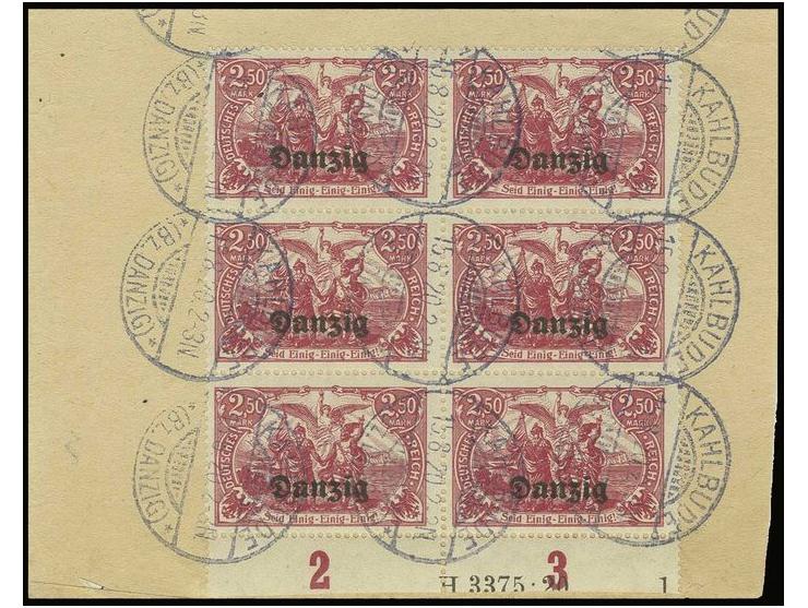 1920, 2,50 M. lilarot im Unterrand-6er-Block mit HAN "H3375.20" (unten etwas verkürzt), sauber gestempelt "KAHLBUDE 15.8.20" 