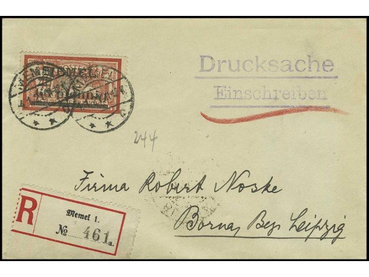 60 pf. auf 40 C. graurot/türkisgrau als portogerechte Einzelfrankatur auf eingeschriebenem Drucksachenumschlag von "MEMEL 4.1