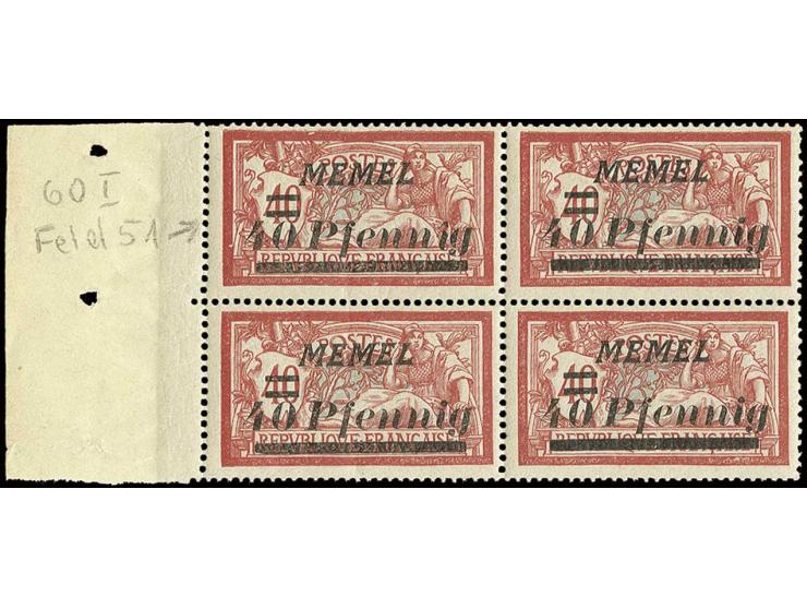 1922, 40 Pfg. auf 40 C. graurot im Viererblock mit linkem Rand und auf Feld 51 mit Plattenfehler "Circonflexe über i", postfr
