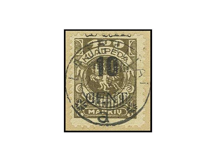 10 C. auf 400 M. dunkelolivbraun mit Aufdruckfehler "linker Zierbalken zu ca. 1/4 ausgebrochen" auf Briefstück mit Stempel "L