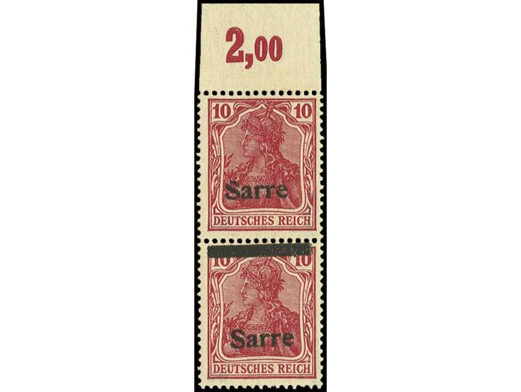 10 Pfg. im senkrechten Oberrandpaar, dabei obere Marke nur mit Aufdruck "Sarre", die untere Marke mit Balken oben, postfrisch