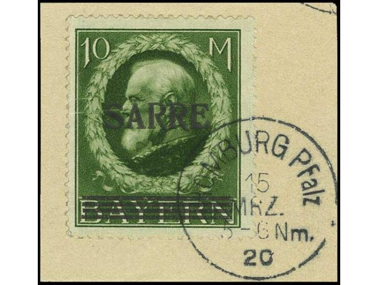 "Sarre" auf Bayern: 5 Pfg.-10 M. kpl. mit jeweils Stempel "HOMBURG 15. MRZ 20" auf Briefstücken, Kabinett, sign. Dr. Schneide