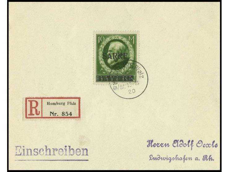 10 M. mit sauberem Stempel "HOMBURG 7. MRZ. 20" auf überfrankiertem R-Brief nach Ludwigshafen mit Ankunftsstempel, Kabinett
