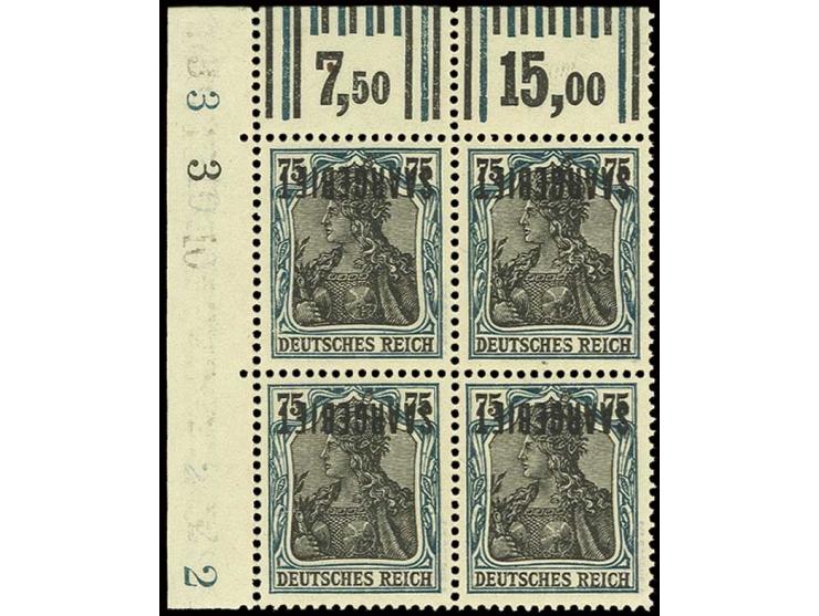 75 Pfg. mit kopfstehendem Aufdruck, 4er-Block aus der linken oberen Bogenecke, postfrisch, Pracht, sign. Burger BPP (Mi. 1.12