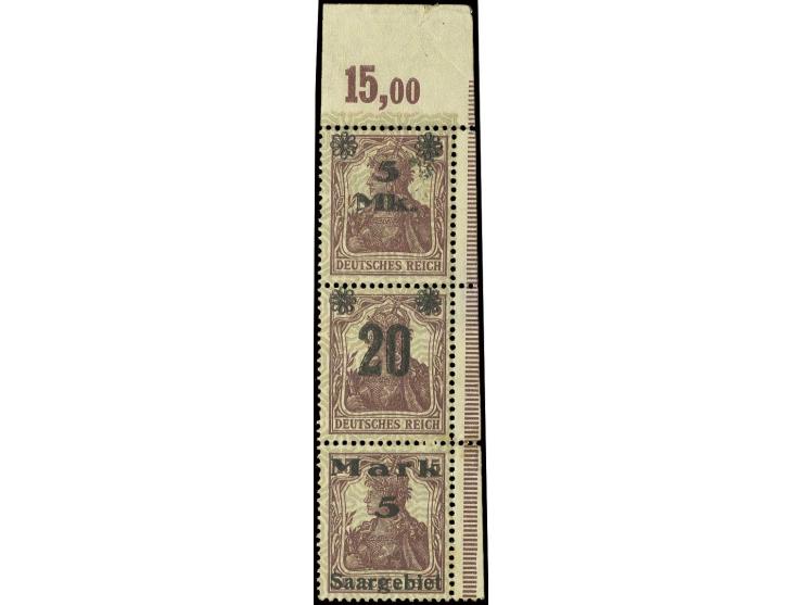 1921, Provisorien, Probedruck-3er-Streifen 15 Pfg. mit hellgrauem Netzunterdruck und Aufdruck "5 Mk.", "20" und "Mark 5 Saarg
