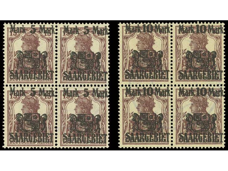 5 M. und 10 M. je im 4er-Block mit rückseitig kpl. Abschlag des Schutzstempels der Oberpostdirektion, postfrisch, Pracht (Mi.
