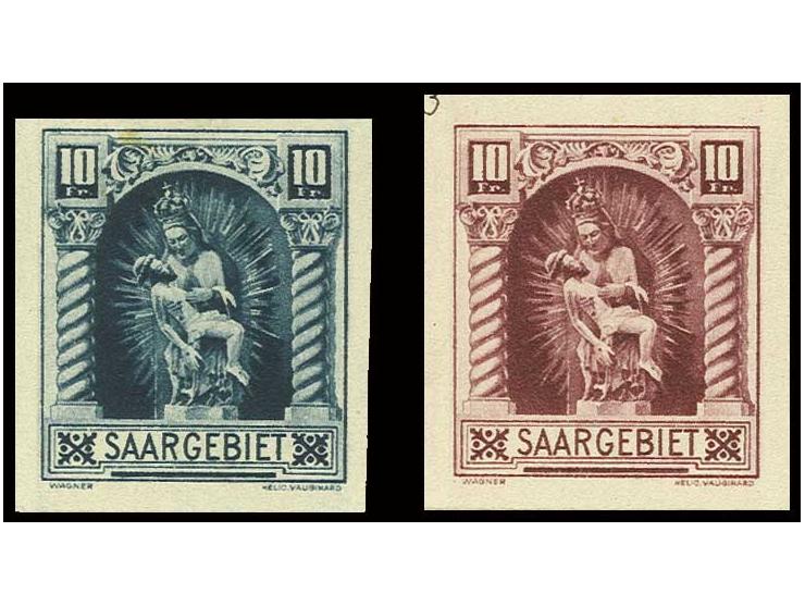 10 Fr., 2 ungezähnte Essays im Kleinformat in grünlichblau bzw. schwärzlichrot, ungebraucht