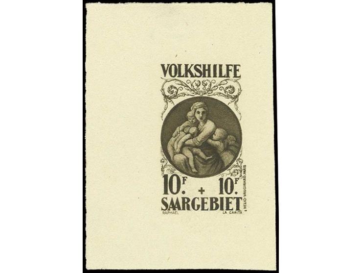 50 C.-10 Fr., breitrandig ungezähnte Probedrucke in schwärzlichbraun, ungebraucht, die gute 10 Fr. postfrisch (Falzspur nur i