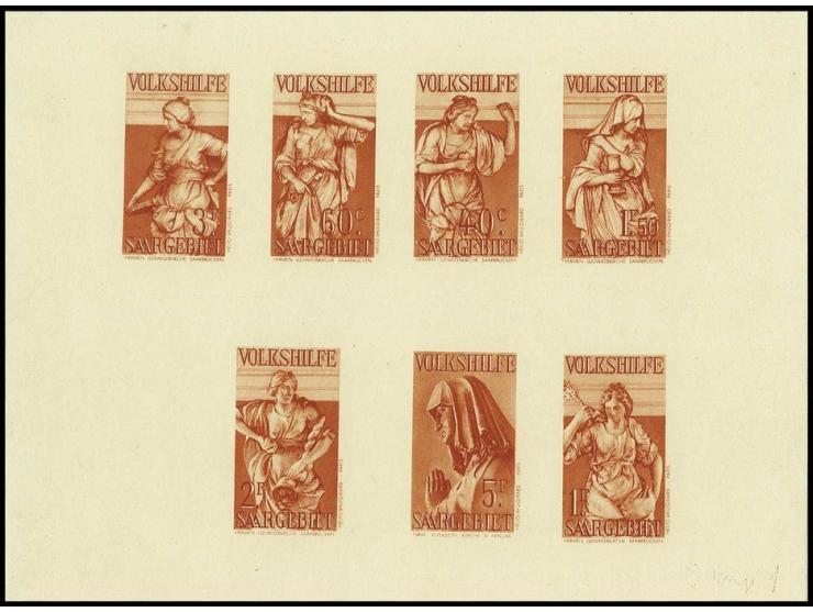 1934, Volkshilfe 40 C.-5 Fr., Probedruck-Kleinbogen in braunorange, postfrisch mit kleiner Haftstelle im Rand und 1 Wert geri