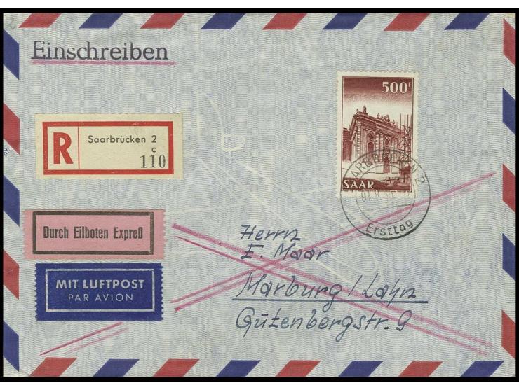 500 Fr. mit Ersttagsstempel "SAARBRÜCKEN 1.8.53" auf philatelistischem Eilboten-R-Brief, Fotobefund Ney BPP