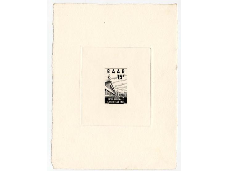 1954, Saarmesse 15 Fr., 2 epreuve de d'artist in schwarz und hellgrün im Blockformat auf ungummiertem Papier