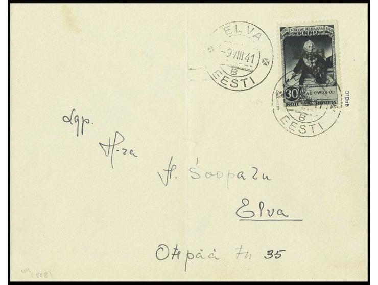 Suworow 30 K. mit sauberem Stempel "ELVA -9 VIII 41" auf beschriftetem Umschlag, dieser einmal senkrecht gefaltet, ansonsten 