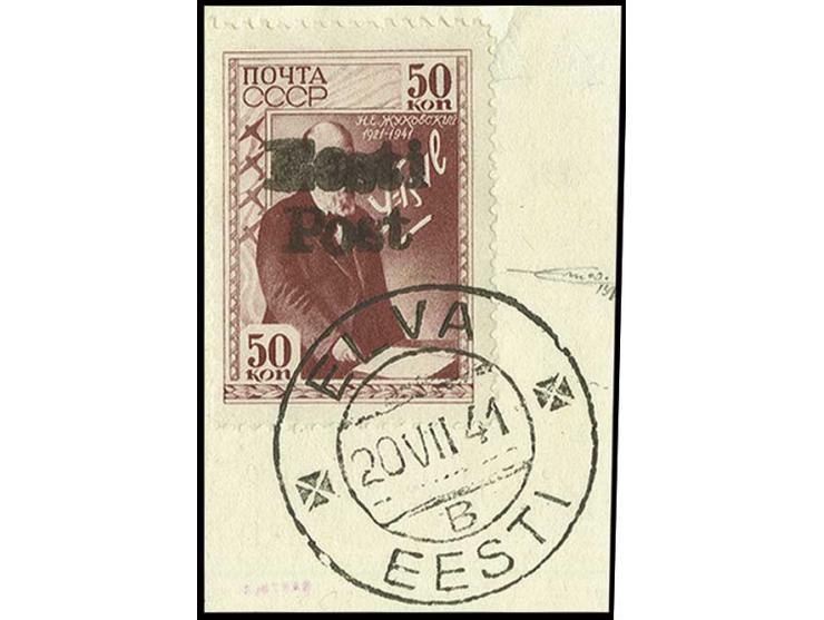 Shukowski 50 K. mit Stempel "ELVA 20 VII 41" auf Briefstück (war zur Kontrolle abgelöst), Kabinett, bisher sind erst 3 Stück 