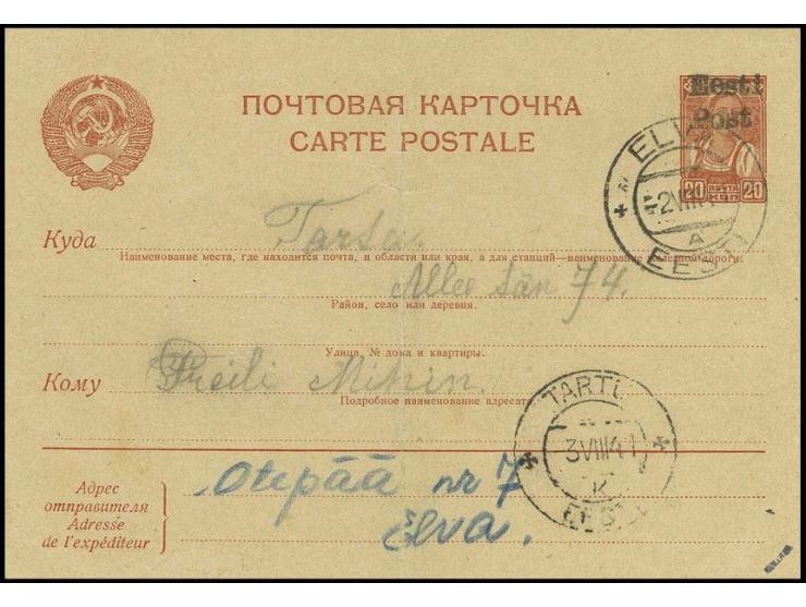 Ganzsache 20 K. von "ELVA -2 VIII 41" nach Tartu mit vorderseitigem Ankunftsstempel, bis auf eine senkrechte Faltung in guter