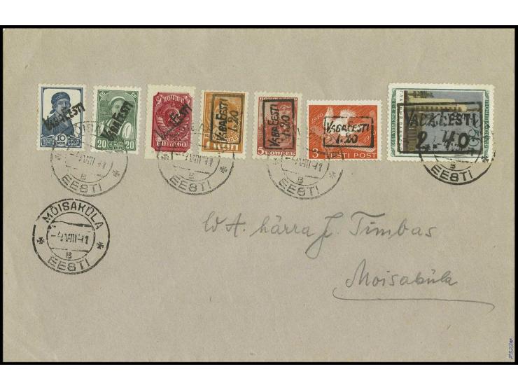 1941, 10 K. - 2,40 K. mit Stempel "MOISAKULA 4 VIII 41" auf beschriftetem Umschlag, Kabinett, in dieser Form eine große Rarit