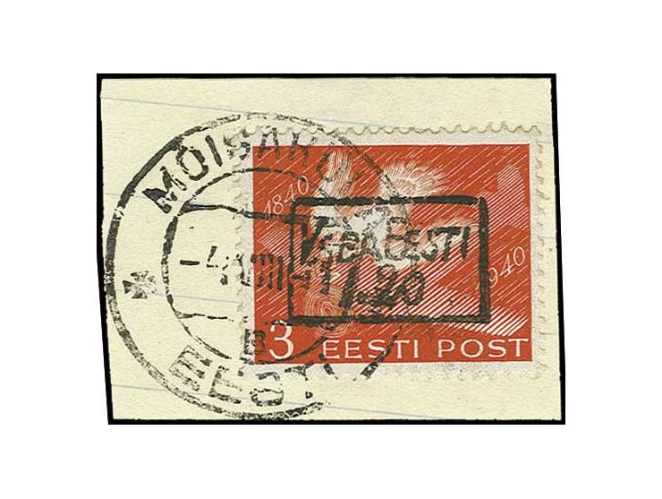 1,20 a 3 S. mit sauberem Ersttagsstempel "MOISAKÜLA  -4 VIII 41" auf kleinem Briefstück, Kabinett, eine sehr seltene Marke, s