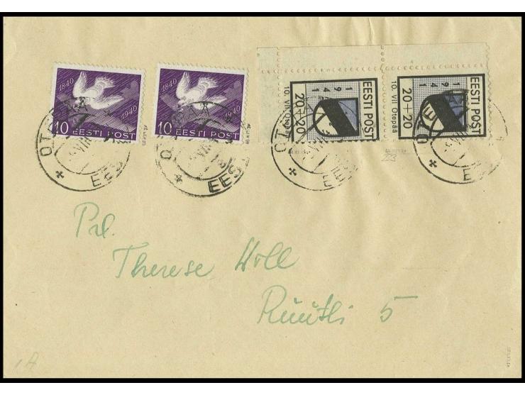 1941, gezähnt: 20 K. im senkrechten Paar aus der linken unteren Bogenecke in Mischfrankatur mit zwei Stück Estland 1940,  10 