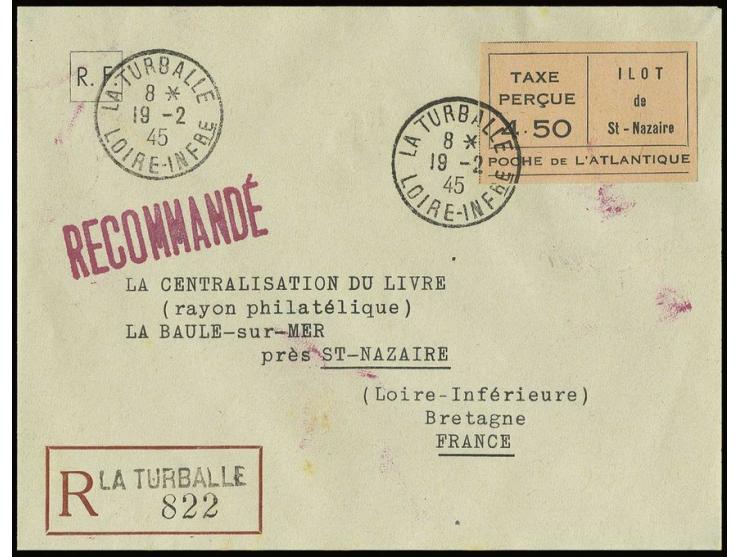 4,50 Fr. in Type I, breitrandig ungezähnt auf R-Brief von "LA TURBALLE 19.2.45" nach La Baule mit Ankunftsstempel, Pracht, si