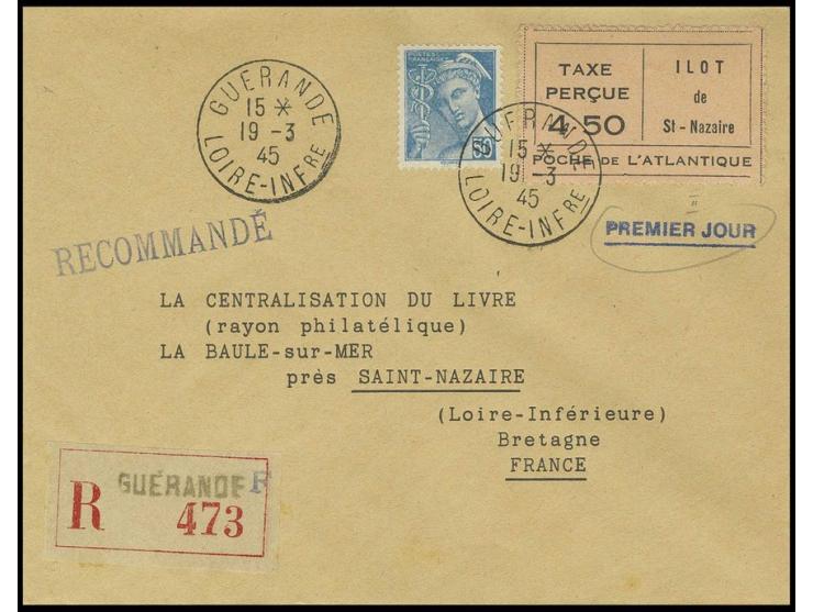 4,50 Fr. in Type II mit Zusatzfrankatur auf R-Brief von "GUERANDE 19.3.45" nach La Baule mit Ankunftsstempel, Kabinett, sign.
