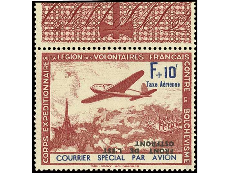 1942, Flugpost +10 Fr., Oberrandstück mit Plattenfehler "fehlender i-Punkt über Aerienne" sowie kopfstehendem Aufdruck, postf