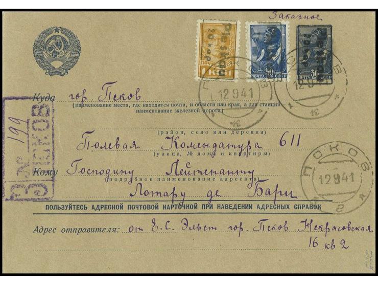 dito, mit Zufrankatur auf beschrifteter Ganzsache mit Stempel "PSKOW 12 9 41", in einwandfreier Erhaltung, Fotoattest Zirath 