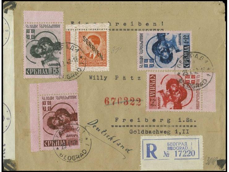 0,50 Din. mit Kriegsgefangene 0,50-4 Din. sowie rückseitig 1942, Klöster 2 Din. auf portogerechtem R-Brief von "BEOGRAD 23.I.