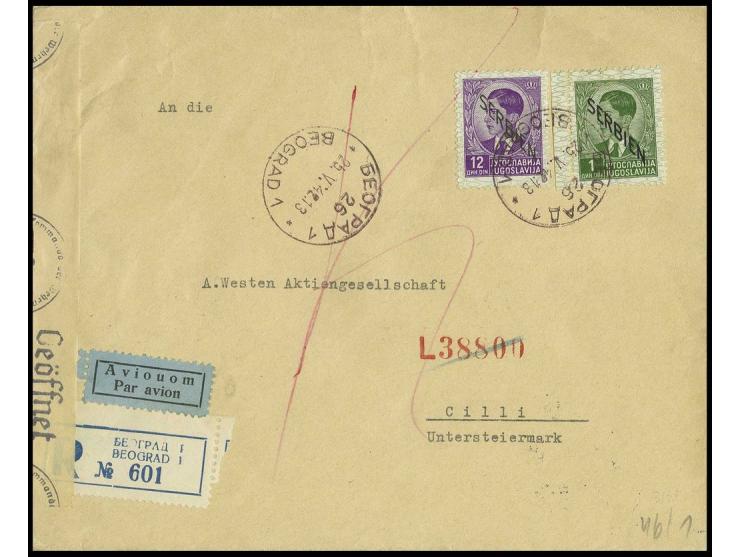 1 und 12 Din. auf Luftpost-R-Brief von "BEOGRAD 25.V.42" nach Cilli/Untersteiermark mit diversen Zensuren und Ankunftsstempel