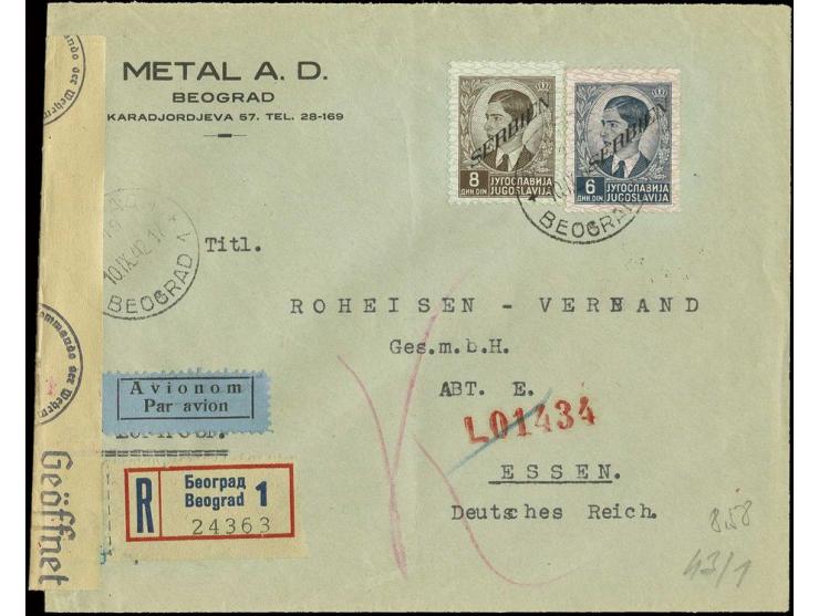 6 und 8 Din. auf Luftpost-R-Brief von "BEOGRAD 10.IX.42" nach Essen mit diversen Zensuren und Ankunftsstempel, Kabinett, sign