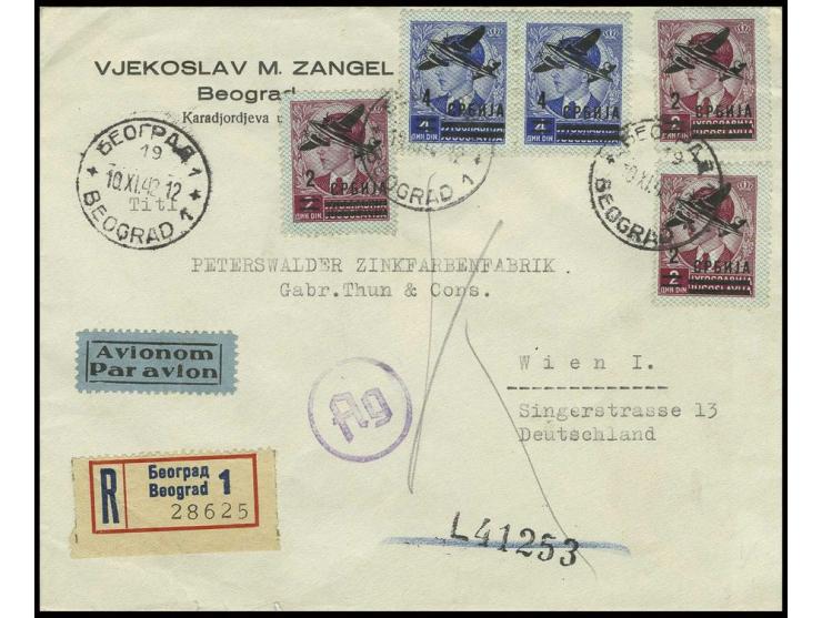 Flugpost 2 (3) und 4 Din. (2) auf Luftpost-R-Brief von "BEOGRAD 10.XI.42" nach Wien mit Zensur-Durchlaufstempel "Ag" und Anku