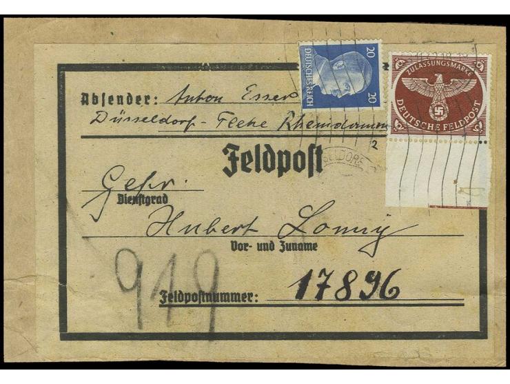 1942, Päckchenzulassungsmarke gezähnt vom Unterrand und Hitler 20 Pfg. mit Rollstempel "DÜSSELDORF-HOLTHAUSEN 23.11.42" auf k
