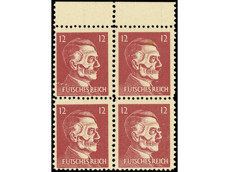 Amerikanische Fälschungen für Deutschland: Hitler-Totenkopf 12 Pfg. im Oberrand-4er-Block, postfrisch, Kabinett (Mi. 320,-)