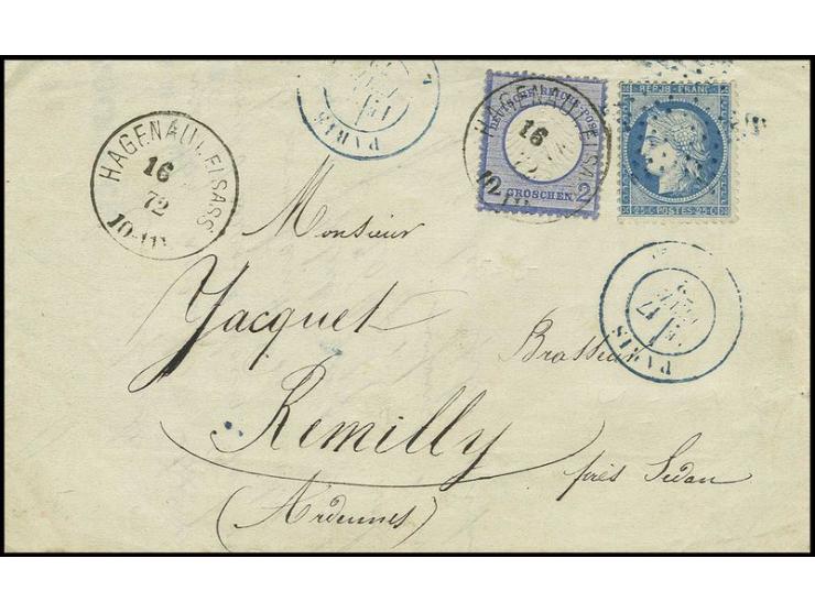 2 Gr. blau mit EKr. "HAGENAU 16.2.72" auf komplettem Faltbrief mit Doppelfrankatur Ceres 25 C. mit blauem Sternstempel von Pa