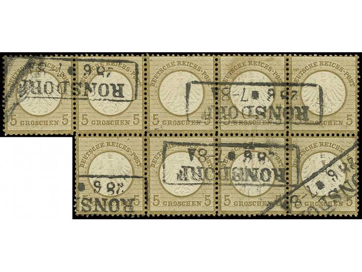5 Gr. ockerbraun im waagerechten 9er-Block mit Preußen-Ra2 "RONSDORF/28 6", zwei Marken etwas fehlerhaft, die übrigen  in feh