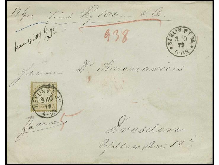 5 Gr. ockerbraun, oben etwas stumpfe Zähnung, als Einzelfrankatur mit EKr. "BERLIN P.E. 38/3/10 72" auf Wertbrief mit 5 voll 
