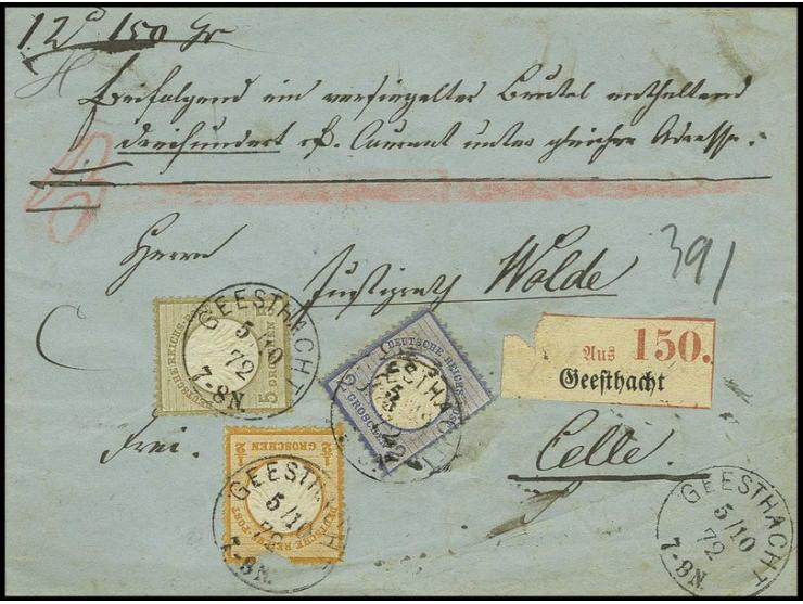5 Gr. mittelockerbraun, 2 Gr. ultramarin und 1/2 Gr. orange (fehlerhaft) mit EKr."GEESTHACHT 5.10.72" auf Paketbegleit-Faltbr