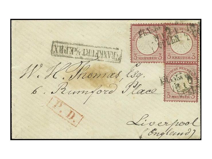3 Kr. karmin, senkrechtes Paar und Einzelmarke mit Bahnpost-Streckenstempel L3 "FRANKFURT A/M / 1814 /  COELN" mit nebengeset