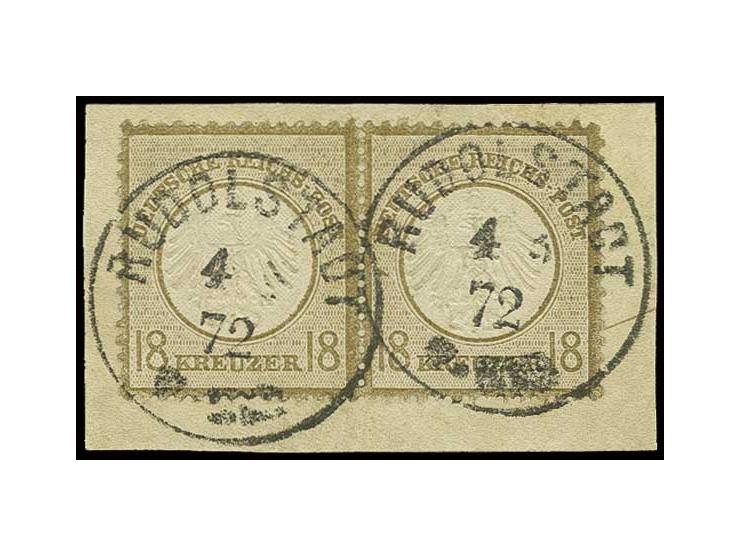 18 Kr. ockerbraun im waagerechten Paar, farbfrisch, sehr gut geprägt und gezähnt mit jeweils klarem EKr. "RUDOLSTADT 4 3 72" 