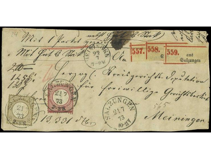18 Kr. ockerbraun und Großer Schild 3 Kr. karmin mit EKr. "SALZUNGEN 21 7 73" auf großem Teil einer Paketbegleitbrief-Vorders
